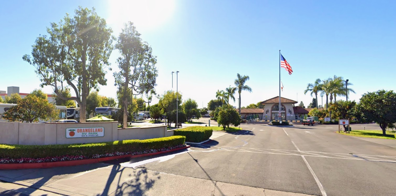 Photo of the entrance of Orangeland RV Park, from the street